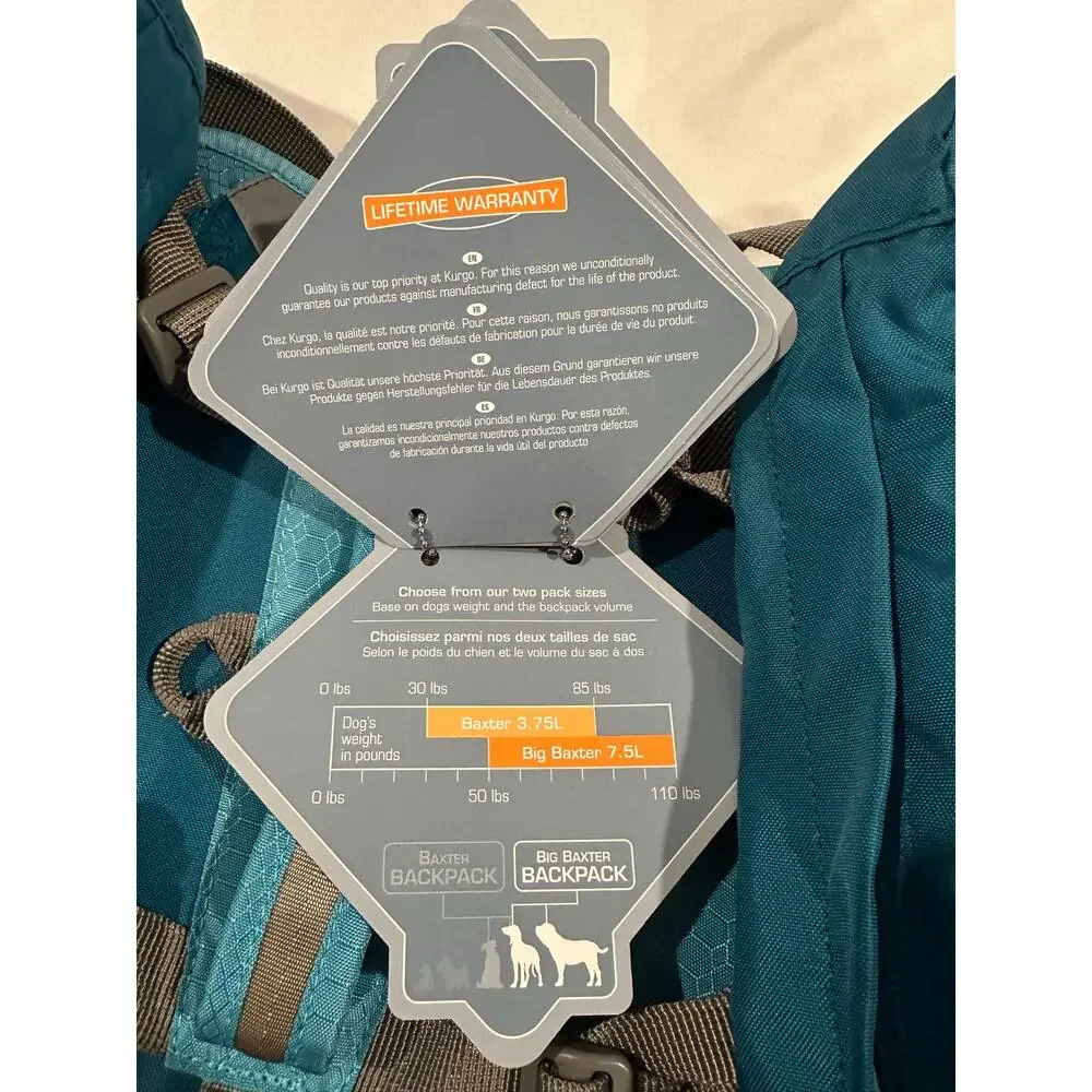 Kurgo Big Baxter Dog Backpack 7.5 Liter Blue Hiking Saddle Bag New With Tags